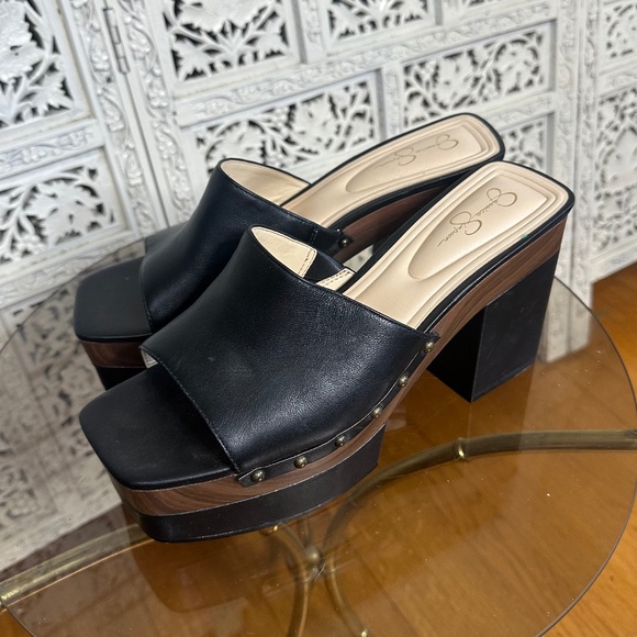 Jessica Simpson Charlotte Black Square Toe Platform Heeled Slide Sandal Clog - Picture 1 of 10